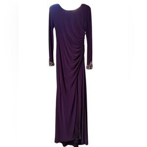 ELIZA J Women's Purple Ruched Rhinestone Cuff Long Stretch Jersey Gown Dress